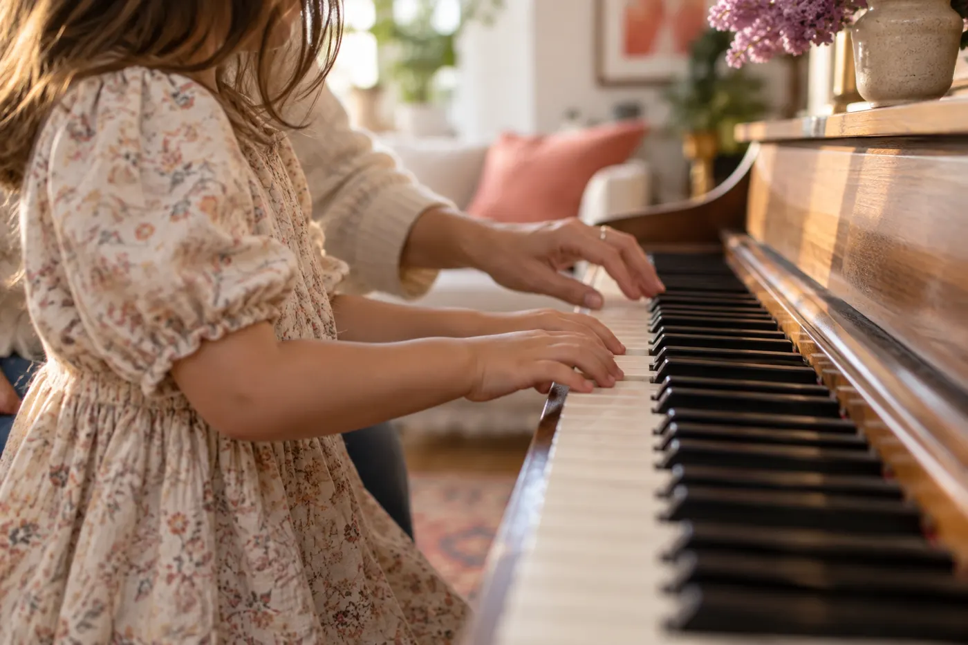 A young child playing piano at home with a parent